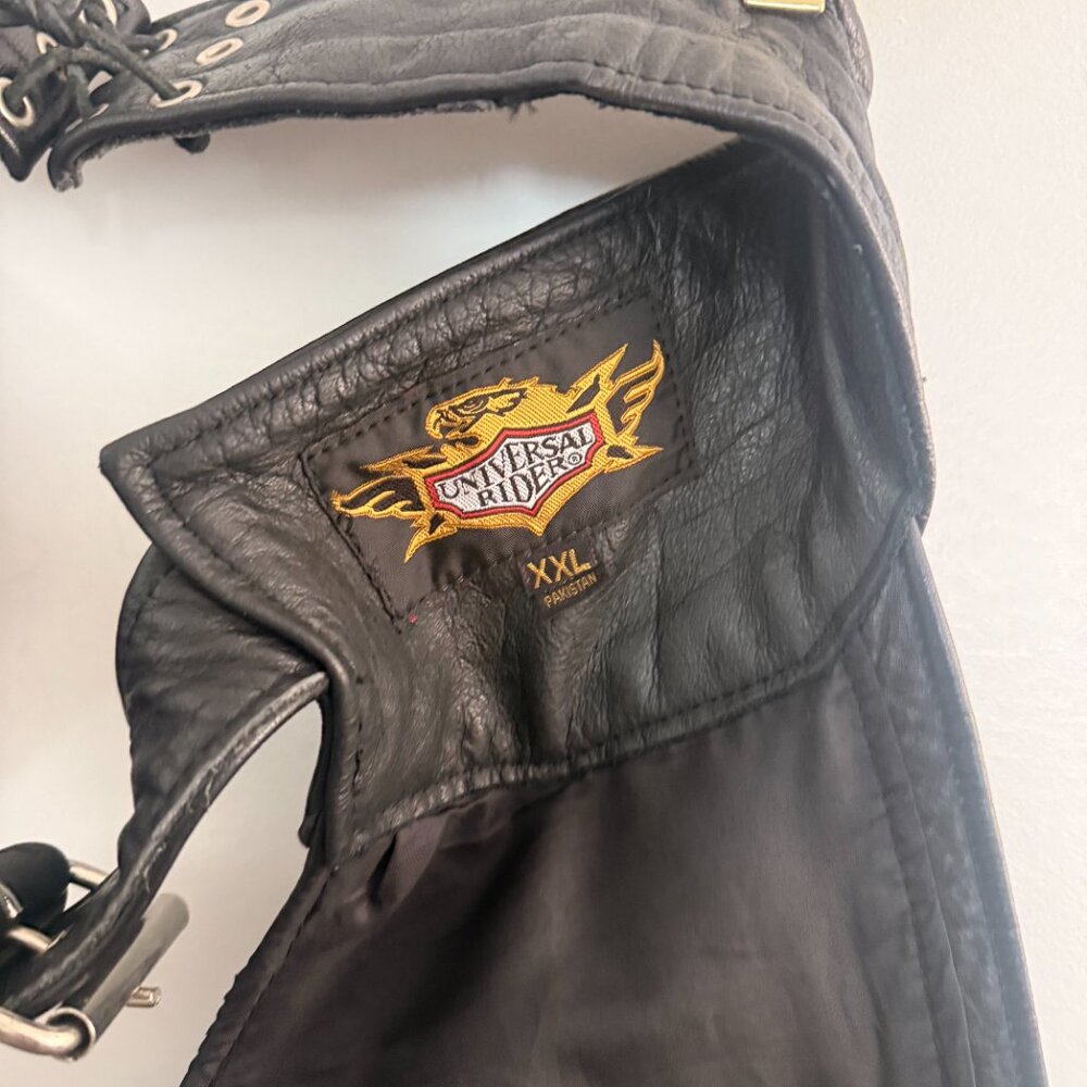 Universal Rider Heavy Black Leather Motorcycle Chaps | Men’s XXL | Lace Waist - Picture 7 of 7